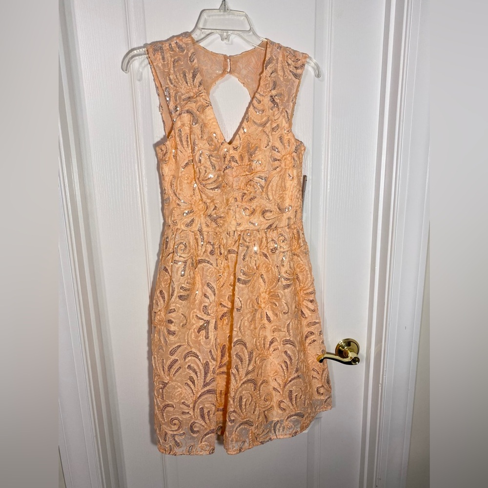 NWT Decode 1.8 Ribbon Appliqué Flowers Sequins Tulle Dress Peach Silver Size 2